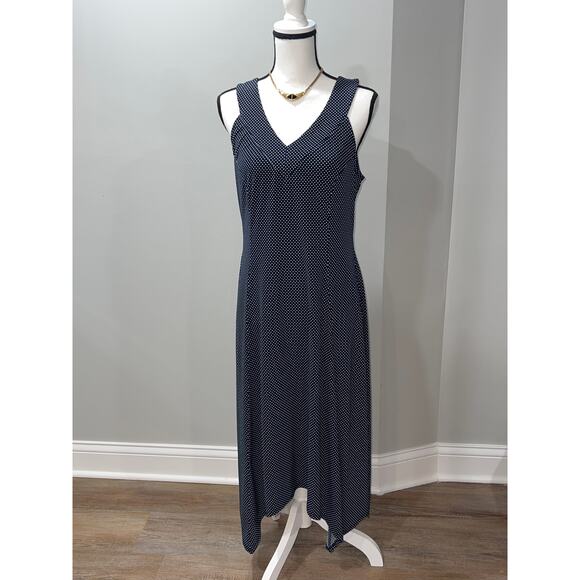 Adrianna Papell Blue Polka Dot Dress, Size M, V-Neck, Asymmetric Hem - Picture 1 of 13